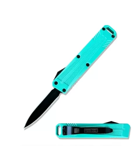 5" Turquoise California Legal Automatic OTF Knife with Belt Clip & Lanyard Hole