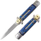 7" Blue Pearl Leverlock Automatic Knife Brass Satin Bayo