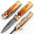 8.5" Damascus Lever Lock Bone Automatic Knife Filework Spear Point