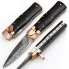 8" Damascus Lever Lock Dark Wood Automatic Knife Filework Spear Point