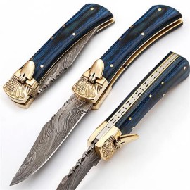 8.25" Lever Lock Dark Blue Wood Automatic Knife Filework Damascus Drop Point