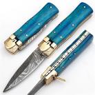 8" Lever Lock Evening Sky Blue Wood Automatic Knife Damascus Spear Point