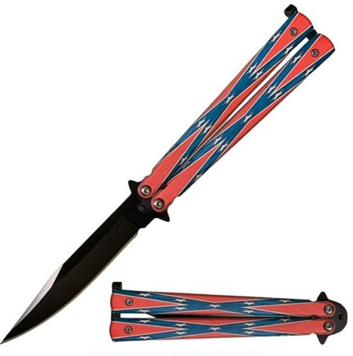 8.75" Open Stainless Steel Butterfly Knife Confederate Flag
