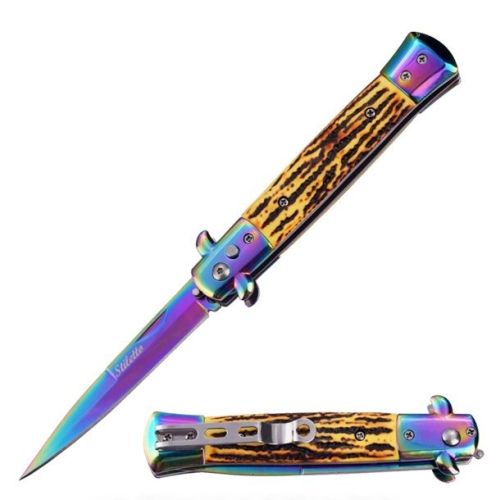 9" Coil Spring Titanium Stag Bone Milano Stiletto Automatic Knife (4" Bayonet)