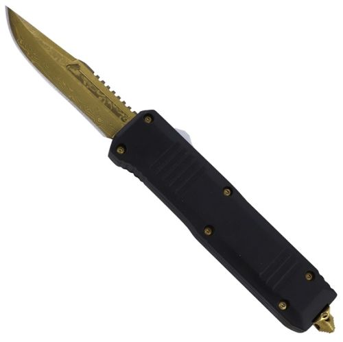 9.5" Ranger D/A OTF Black Automatic Knife Damascus Gold Drop Point