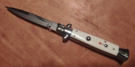 9" Frank Beltrame Red Dot White Bone Picklock Italian Stiletto Automatic Knife Bayo