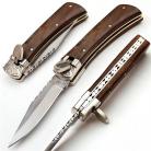 9" Lever Lock Dark Brown Wood Automatic Knife Filework D2 Drop Point