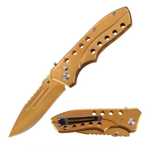 9" Open Golden Switchblade Automatic Clip Point Blade Knife