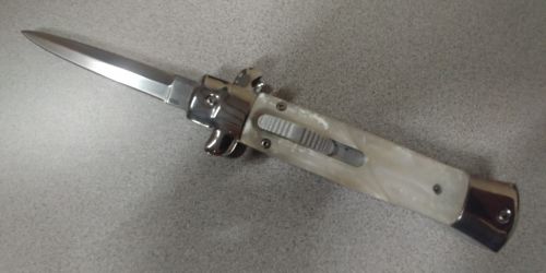 9 Inch White Pearl D/A OTF Stiletto Automatic Knife Satin Dagger