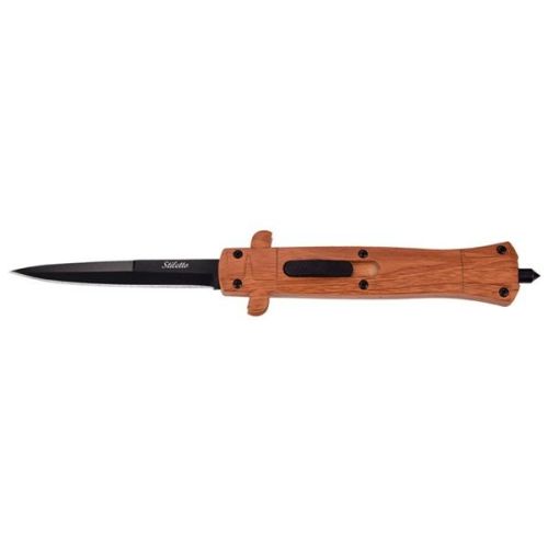 9" Wood Color ABS Brown Print D/A OTF Stiletto Automatic Knife Black Bayonet