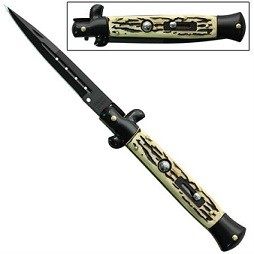 9.5" Switchblade Stiletto Black Stag Bone Knife a155fb