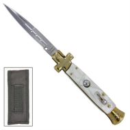 Cross Stiletto White Pearl Automatic Knife Brass Bayo