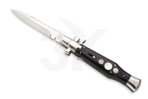 A.G.A. Campolin Black Widow Buffalo Horn Mother of Pearl Italian Stiletto Automatic Knife