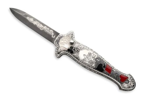 A.G.A. Campolin Silver Gambler Plated Wolf Italian Stiletto Automatic Knife Damascus Blade