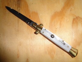 AB 9" Stiletto Brass White Pearl Automatic Knife Bayo