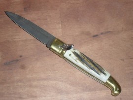 AGA Campolin Lever Lock Automatic Knife Stag Horn Brass Damascus