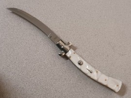 AKC 11" White Pearlex Automatic Stiletto Knife Curved Bayo