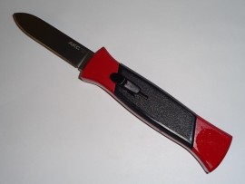 AKC 777 Black Finger Red OTF Automatic Knife Satin Flat Grind