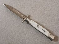 AKC 9 inch Swinguard Italian Stiletto Automatic Knife Pearl White Damascus