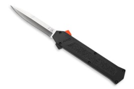 AKC F-16 Black Grip OTF Automatic Knife Orange Button Satin Bayo