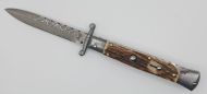 AKC World 9" Swinguard Italian Automatic Stiletto Damascus Stag File Work