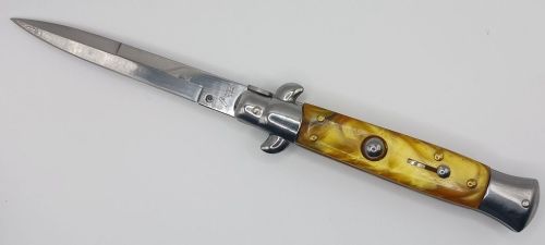 AKC World 9" Yellow Pearl Italian Stiletto Automatic Knife Bayonet Satin