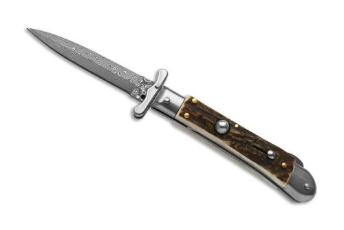 AKC World Medici 7.3" Swinguard Automatic Knife Dagger Damascus Stag Horn