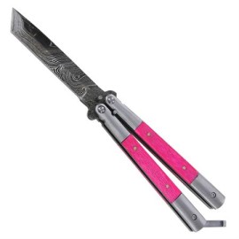 8.75" Damascus Butterfly Knife Pink Balisong Tanto