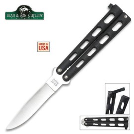 Bear & Son Black Butterfly Knife Satin Drop Point 113b