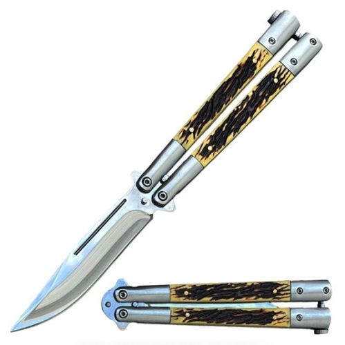 Back in Time Stag Clip Point Stainless Steel Butterfly Flipper Knife