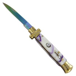 Cross Stiletto White Pearl Automatic Knife Brass Titanium