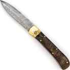 Damascus Automatic Lever Lock Knife Ram Horn