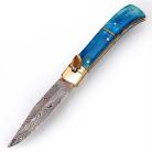 Damascus Automatic Lever Lock Knife Blue Bone