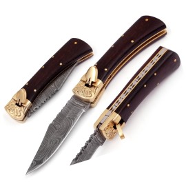 Damascus Black Wood Leverlock Automatic Knife Brass