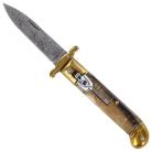 Damascus Brown Horn Swinguard Automatic Lever Lock Knife