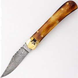 Damascus Burnt Bone Leverlock Automatic Knife Clip Point