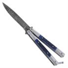 8.75 Inch Damascus Butterfly Knife Balisong Blue Bayo