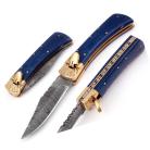 Damascus Dark Blue Bone Leverlock Automatic Knife Brass