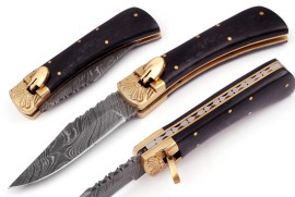 Damascus Dark Bone Leverlock Automatic Knife Brass