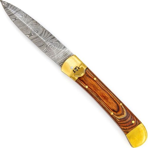 Damascus Great Red Wood Lever Lock Automatic Knife