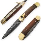 Damascus Lever Lock Automatic Knife Pakka Wood