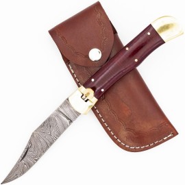Damascus Red Wood Lever Lock Automatic Knife File Work