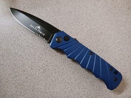 Delta Force Blue Side Opening Automatic Knife Black Drop Serrated