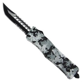 Delta Force OTF Winter Camo Automatic Knife Black Drop Point Serrated