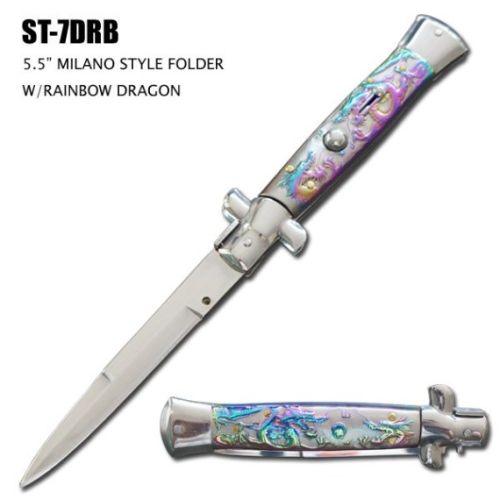 Dragon Rainbow 9.5 Inch Stiletto Automatic Knife Satin Bayo