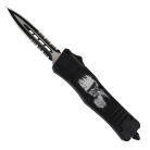 Flaming Soldier Skull Black D/A OTF Automatic Knife 2 Tone Dagger Serrated