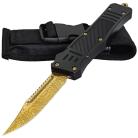 Fortune Blessing Damascus Textured Gold Clip Point Blade Non-Slip Handle OTF Knife w/ Nylon Sheath, Belt Clip, & Glass Breaker