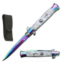 Great Price Pearl White Rainbow Milano Stiletto Automatic Knife (8.75" Overall)