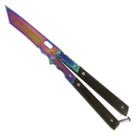 8.75" Heavy Black Titanium Butterfly Knife Rainbow Tanto