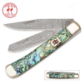 Kissing Crane Genuine Abalone Damascus Trapper Pocket Knife